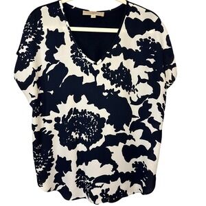 LOFT Women's Floral V-Neck Short‎ Sleeve Blouse Navy Blue White Size Medium
